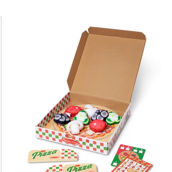 Melissa & Doug plush pizza toppings at the wooden double-sided tabletop - Picture 3 of 3